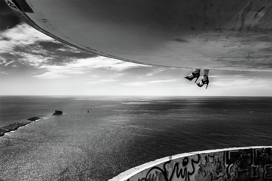 Black And White Photograph - Dangling Shoes by Burkhard Achtergarde