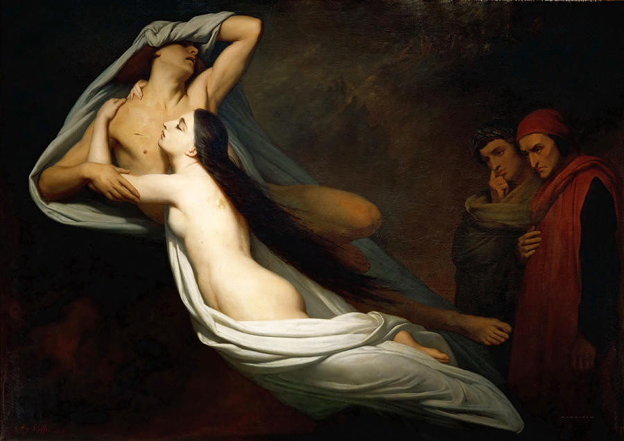 Dante and Virgil Encountering the Shades of Francesca de Rimini and Paolo in the Underworld Painting by Ary Scheffer