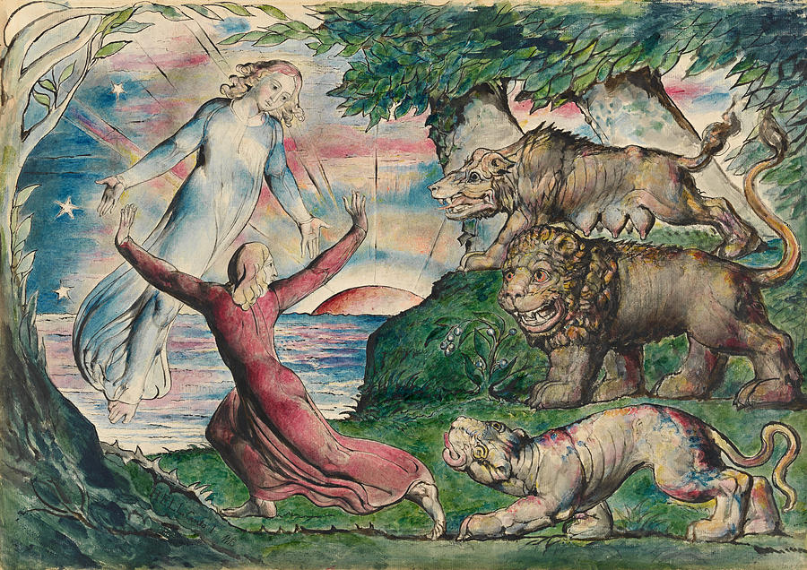 Dante running from the three beasts Painting by William Blake