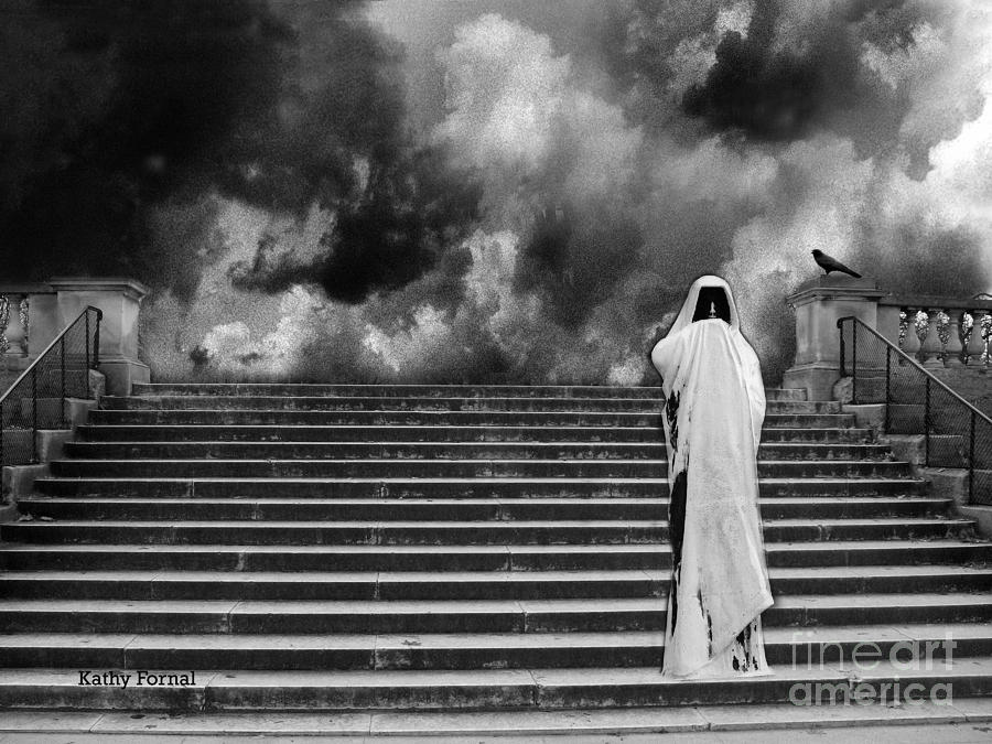 Dark Gothic Black White Infrared Grim Reaper On Paris Steps With Black Raven and Storm Cloud Photograph by Kathy Fornal