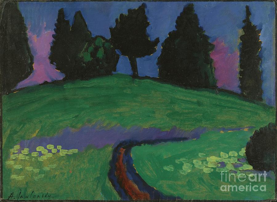 Dark green trees on slope Painting by Celestial Images