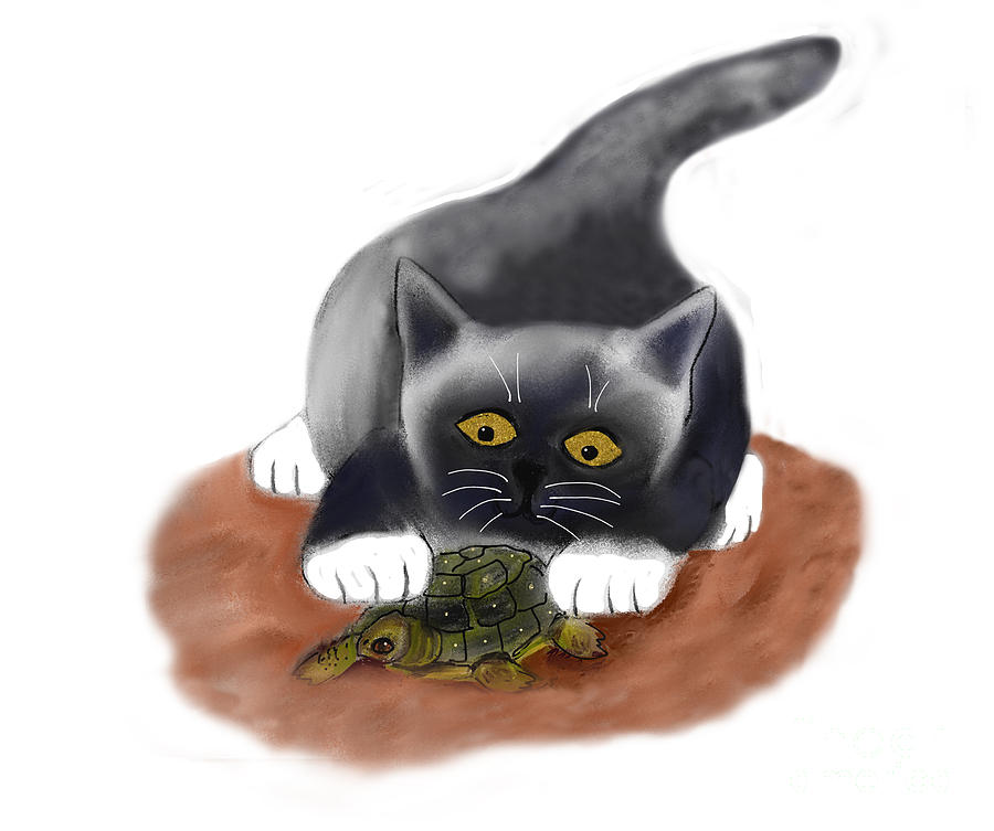 Dark Grey Kitten Discovers a Turtle by the Pond Digital Art by Ellen Miffitt