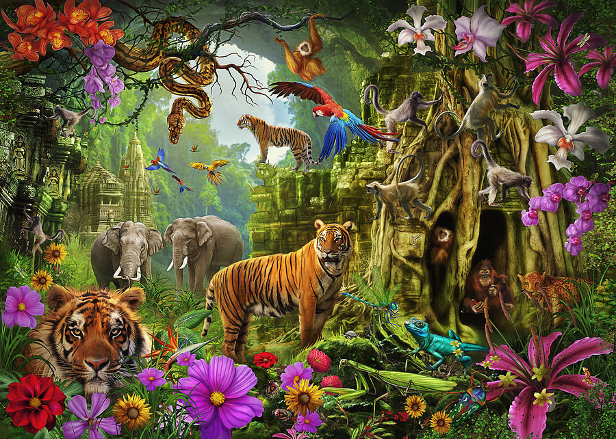 Jungle Drawing - Dark Jungle Temple and Tigers by MGL Meiklejohn Graphics Licensing