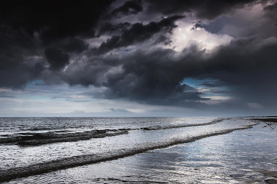 Nature Photograph - Dark Storm Clouds Over The Ocean With by John Short