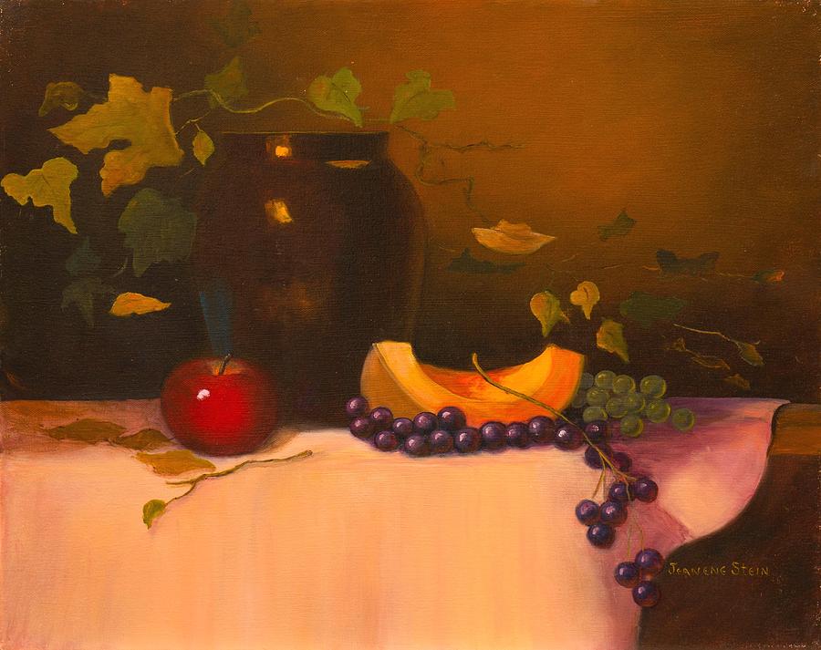 Still Life Painting - Dark Vase with Fruit by Jeanene Stein