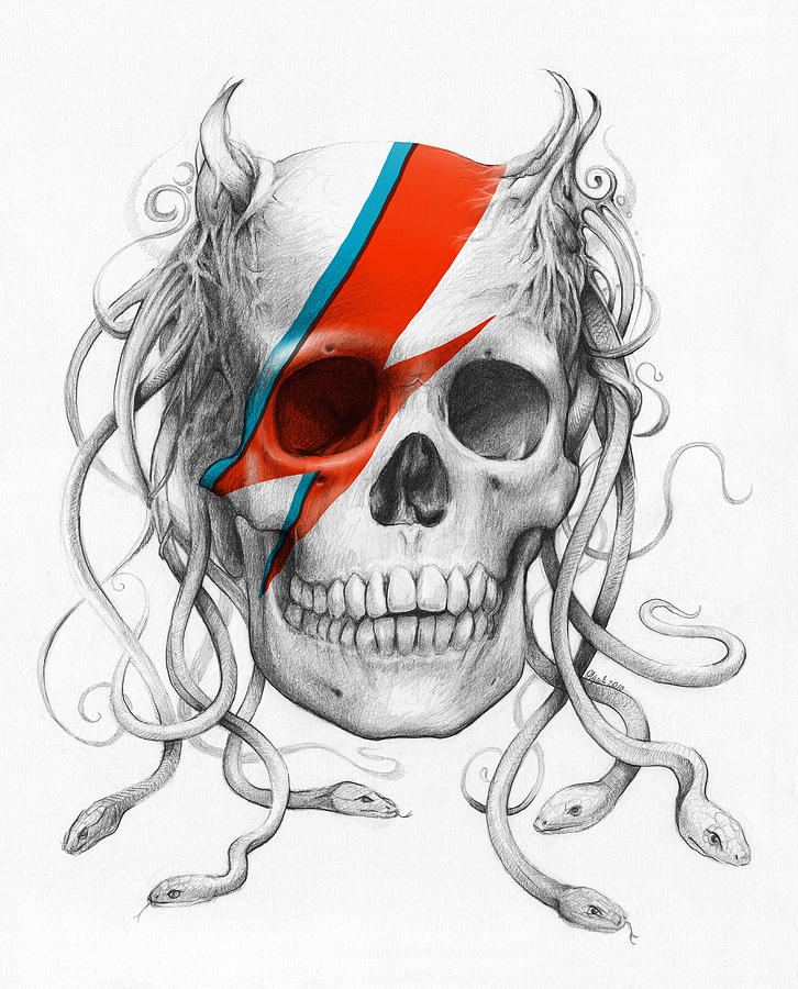 David Bowie Drawing - David Bowie Aladdin Sane Medusa Skull by Olga Shvartsur