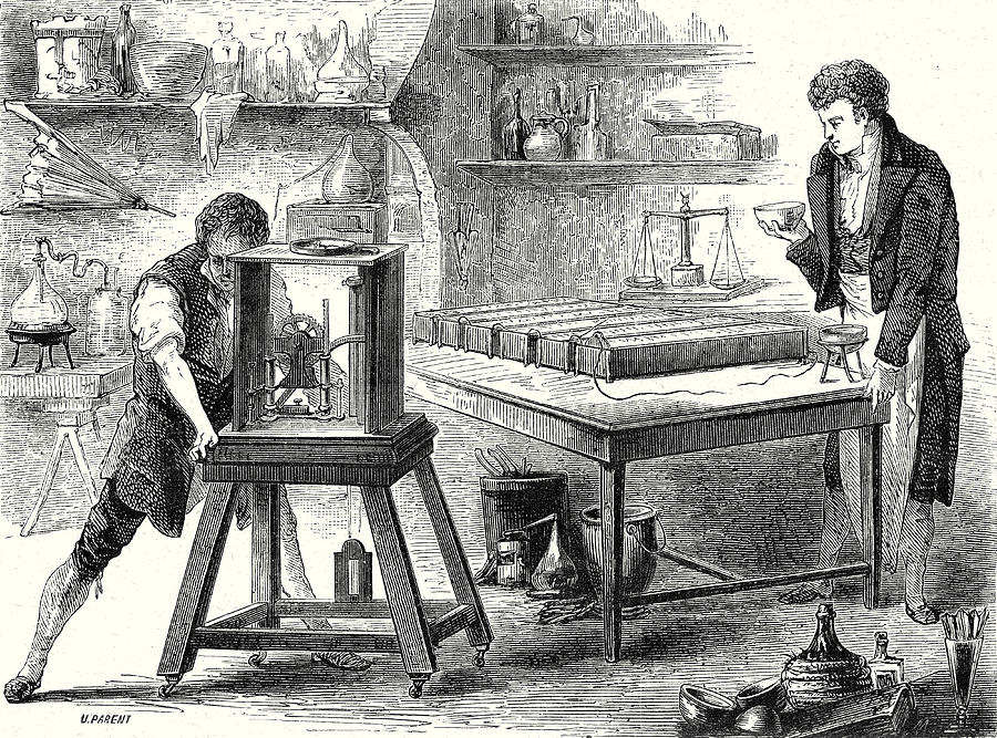 Vintage Drawing - Davy Decomposes Alkali With The Battery Of Volta 1807 by English School