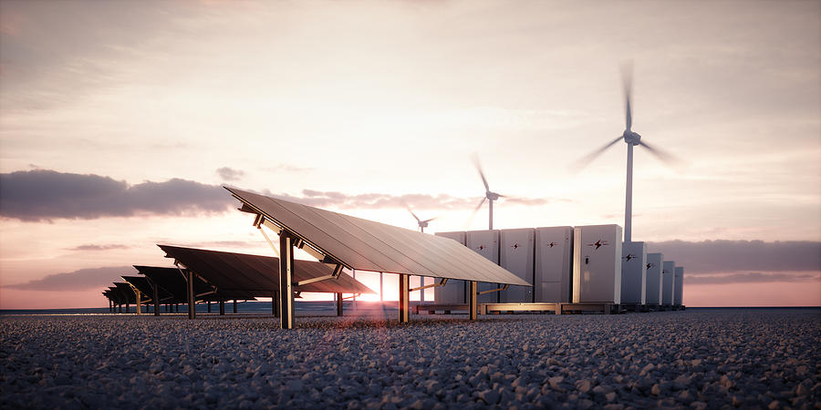 Dawn of new renewable energy technologies. Modern, aesthetic and efficient dark solar panel panels, a modular battery energy storage system and a wind turbine system in warm light. 3D rendering. Photograph by Petmal