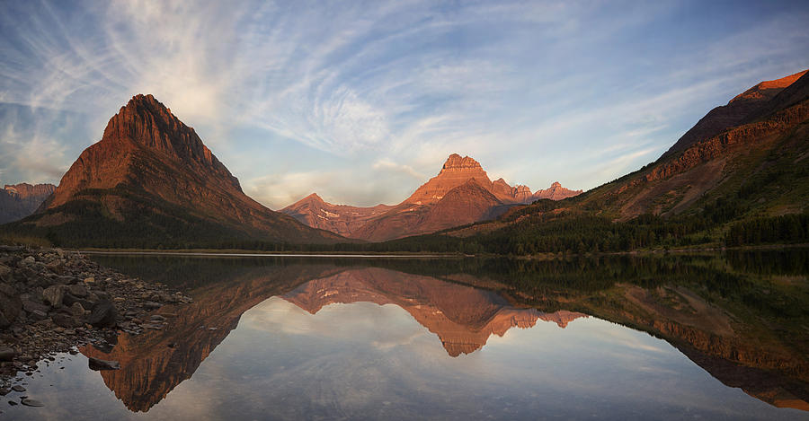 Dawn on Swiftcurrent Panorama Photograph by Mark Kiver