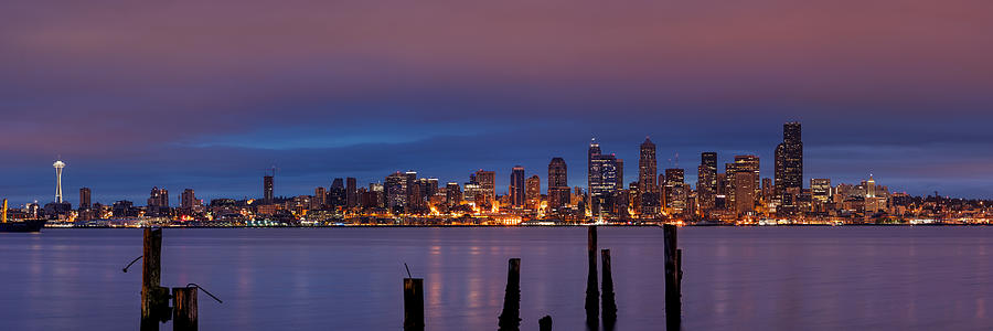 Dawn Panorama of Downtown Seattle from Alki Beach Photograph by Silvio Ligutti