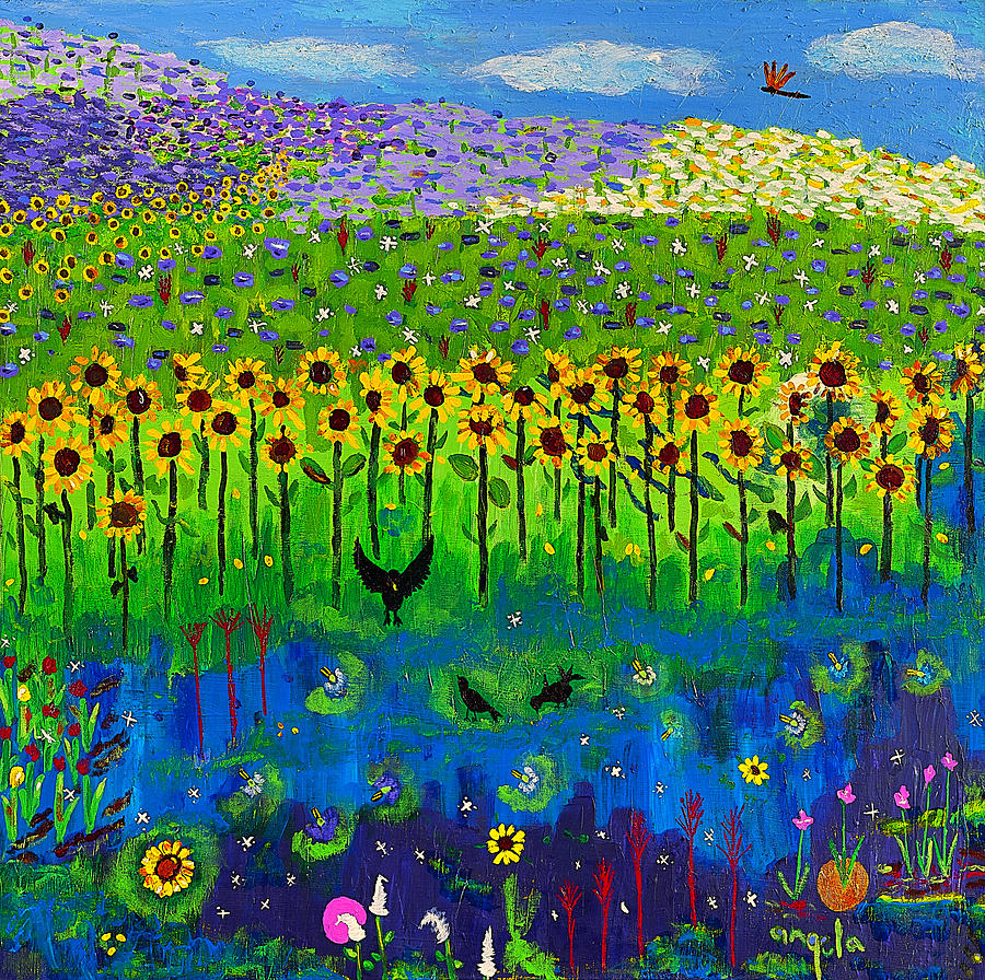 Day and Night in a Sunflower Field I  Painting by Angela Annas