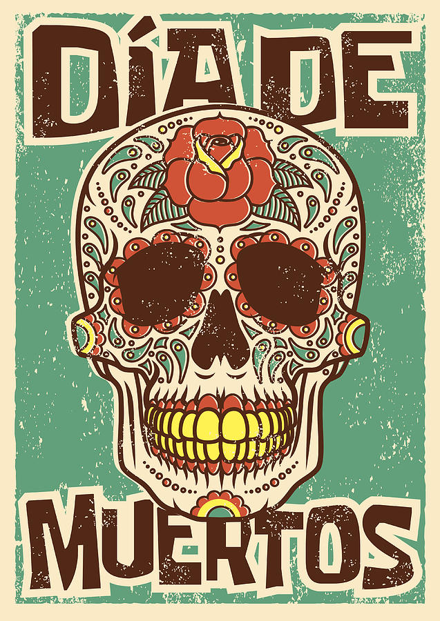 Day of the Dead Sugar Skull Screen Printed Poster Design Drawing by Bortonia