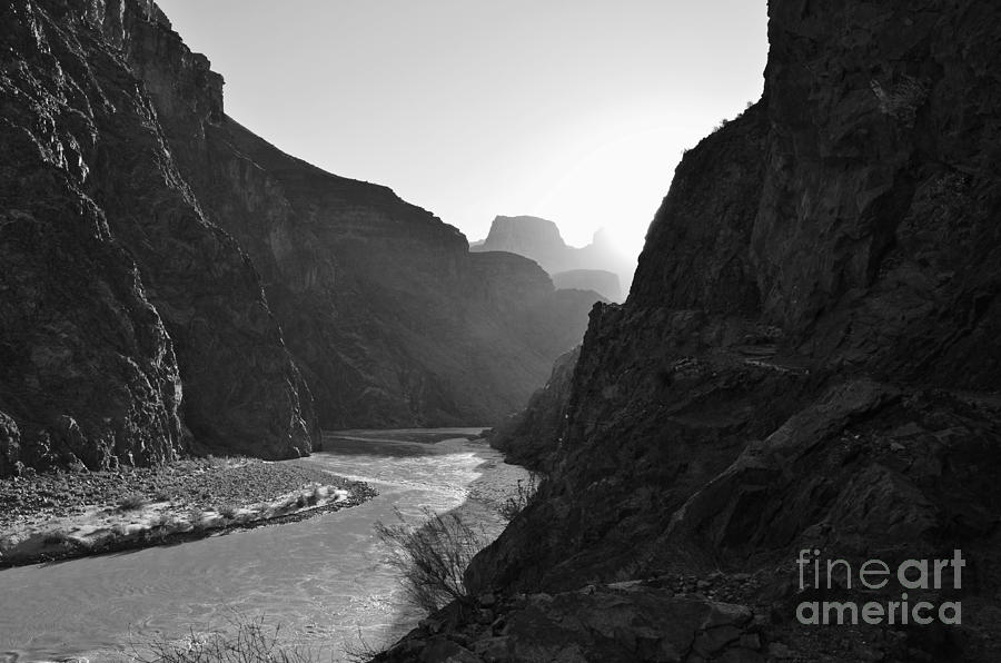 Daybreak over the Colorado River along Bright Angel Trail Grand Canyon National Park Black and White Photograph by Shawn OBrien
