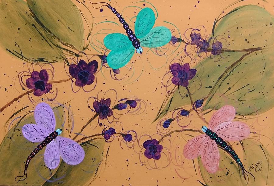 Daydream orchids and dragonfly Painting by Cindy Micklos