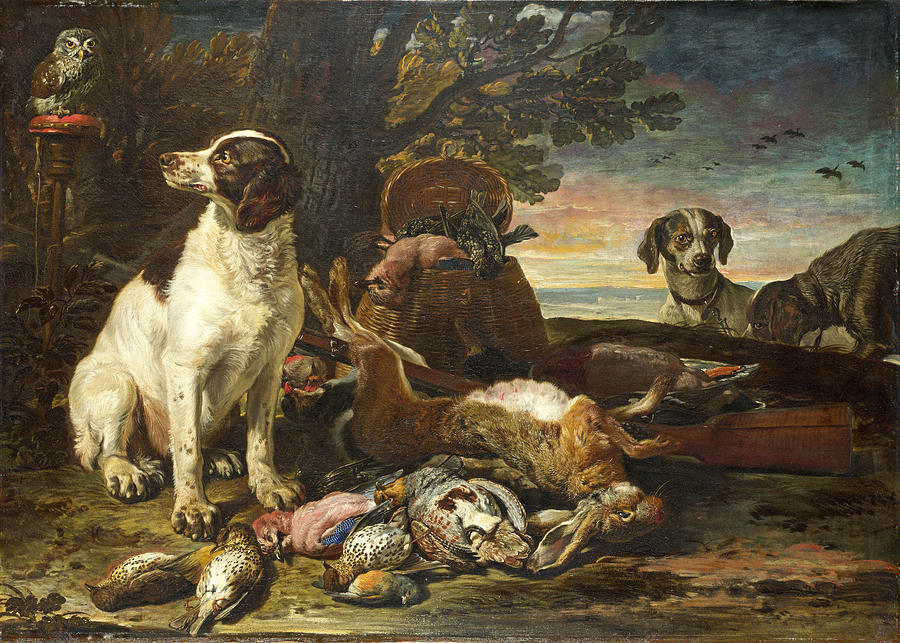 Dead Birds and Game with Gun Dogs and a Little Owl Painting by David de Coninck