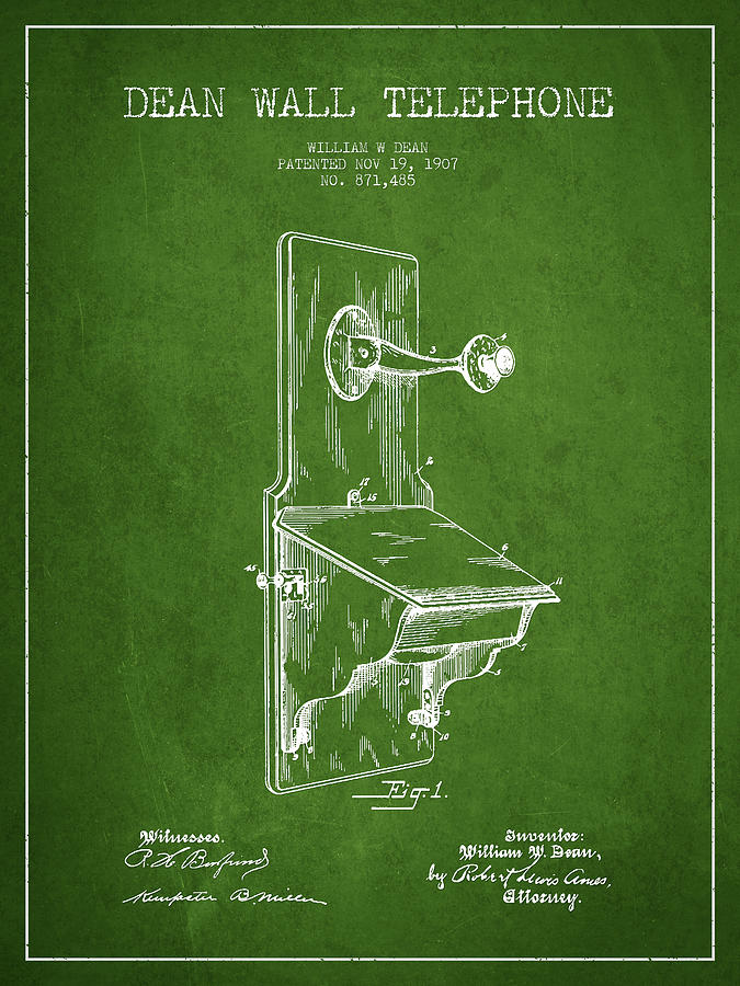 Vintage Digital Art - Dean Wall Telephone Patent Drawing From 1907 - Green by Aged Pixel