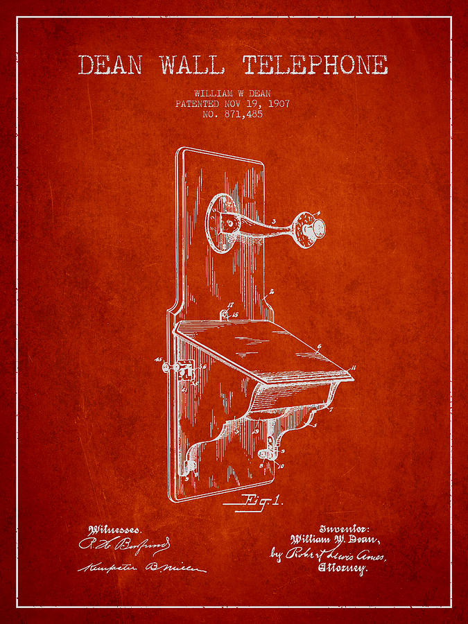 Vintage Digital Art - Dean Wall Telephone Patent Drawing From 1907 - Red by Aged Pixel