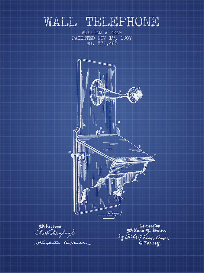 Vintage Digital Art - Dean Wall Telephone Patent From 1907 - Blueprint by Aged Pixel