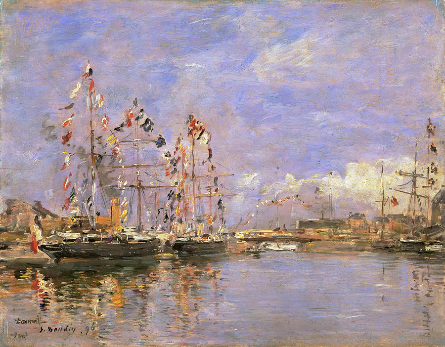 Deauville Flag-Decked Ships in the Inner Harbor Painting by Eugene Boudin