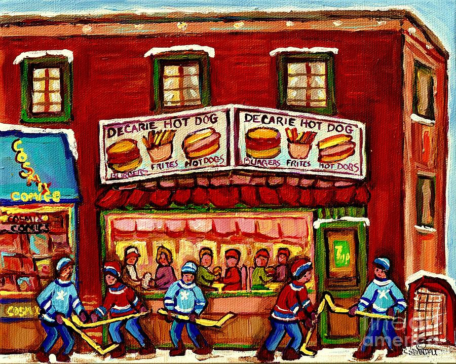 Hockey Painting - Decarie Hot Dog Restaurant Cosmix Comic Store Montreal Paintings Hockey Art Winter Scenes C Spandau by Carole Spandau