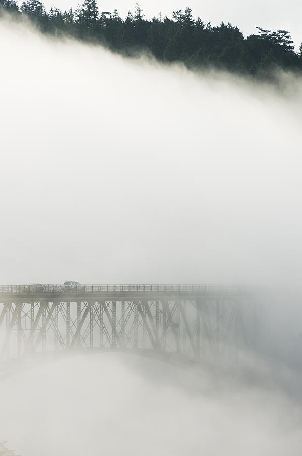 Deception Pass Bridge In Fog Whidbey Isl Photograph by Kevin Schafer