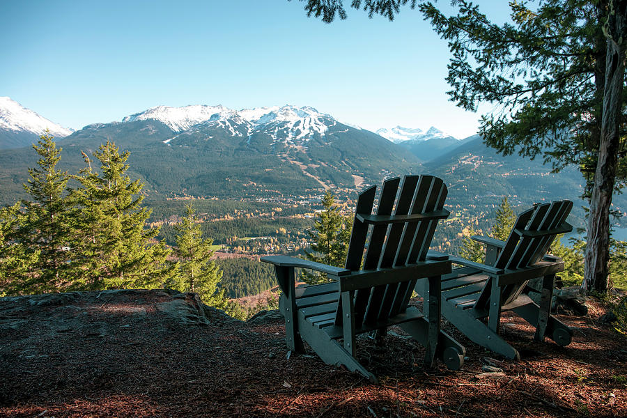 Tree Photograph - Deckchairs With View Of Mountains by Ben Girardi