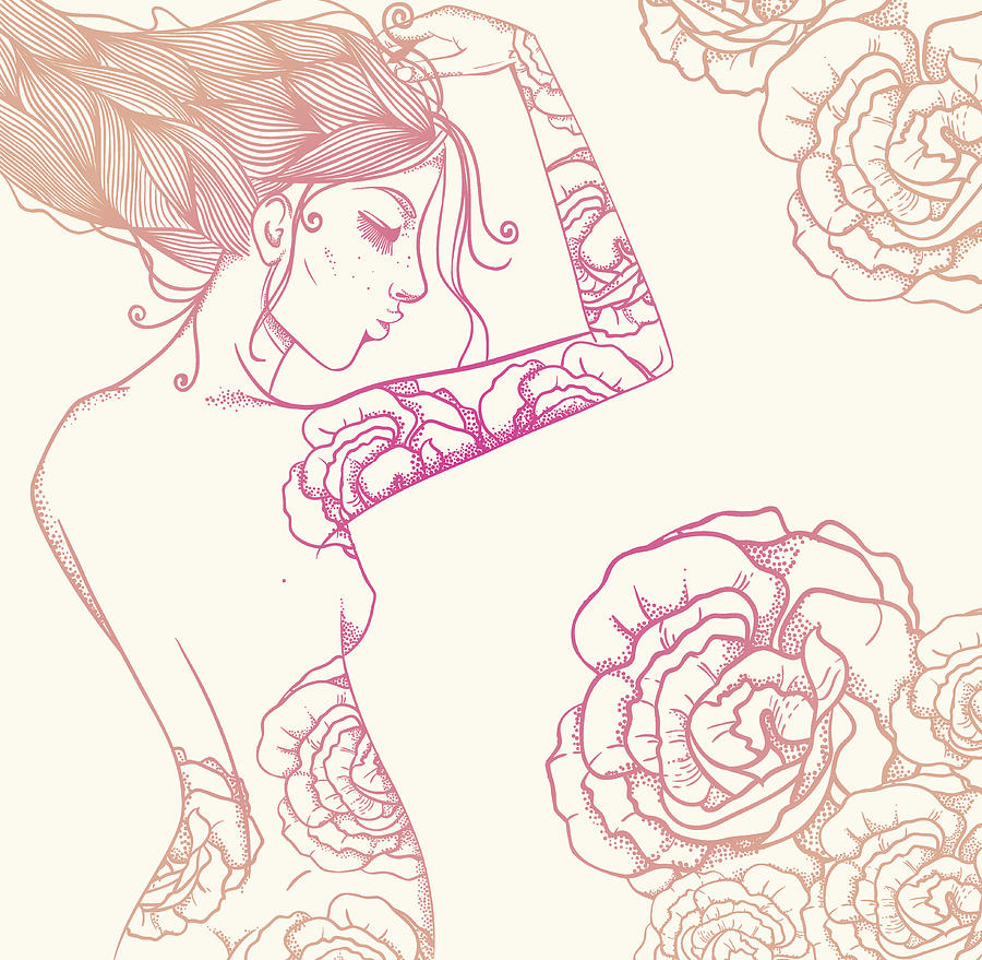 Decorative beautiful woman and flowers Drawing by YummySuperStar