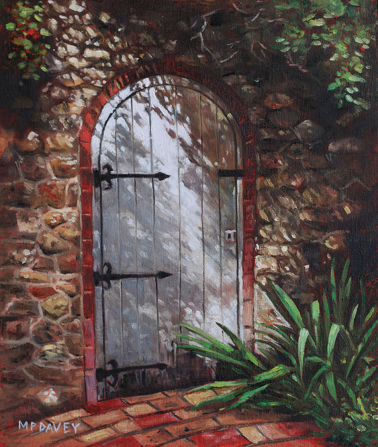 Still Life Painting - Decorative door in archway set in stone wall surrounded by plants by Martin Davey