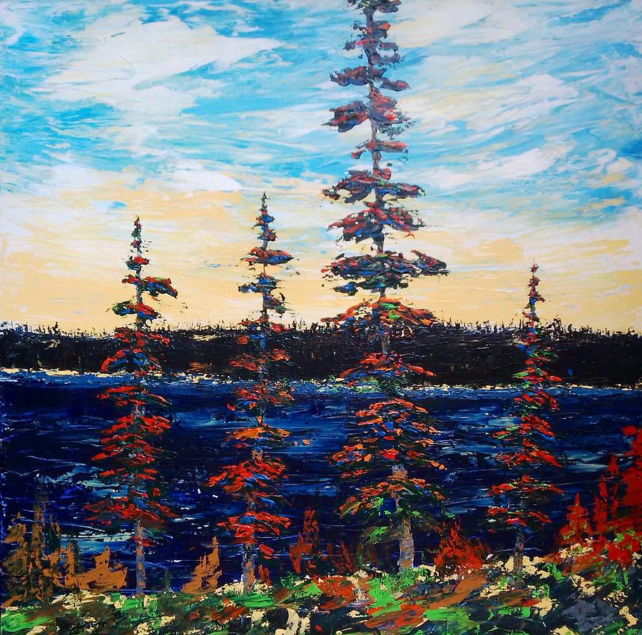 Decorative Pines Lakeside - Early Dusk Painting by Desmond Raymond