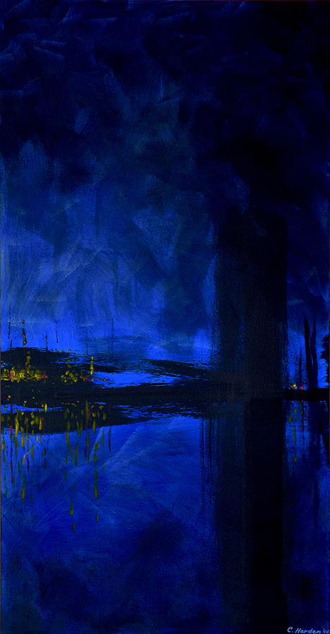 Deep Blue Waterfront at Night Triptych 3 of 3 Painting by Charles Harden