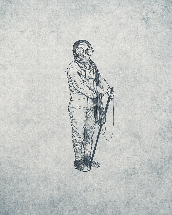 Vintage Drawing - Deep Sea Diver - Nautical Design by World Art Prints And Designs