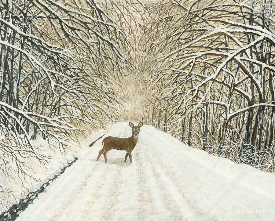 Deer After Winter Storm Painting by Lucinda VanVleck