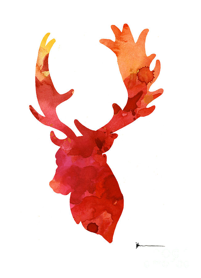 Deer Painting - Deer antlers silhouette art print watercolor painting by Joanna Szmerdt