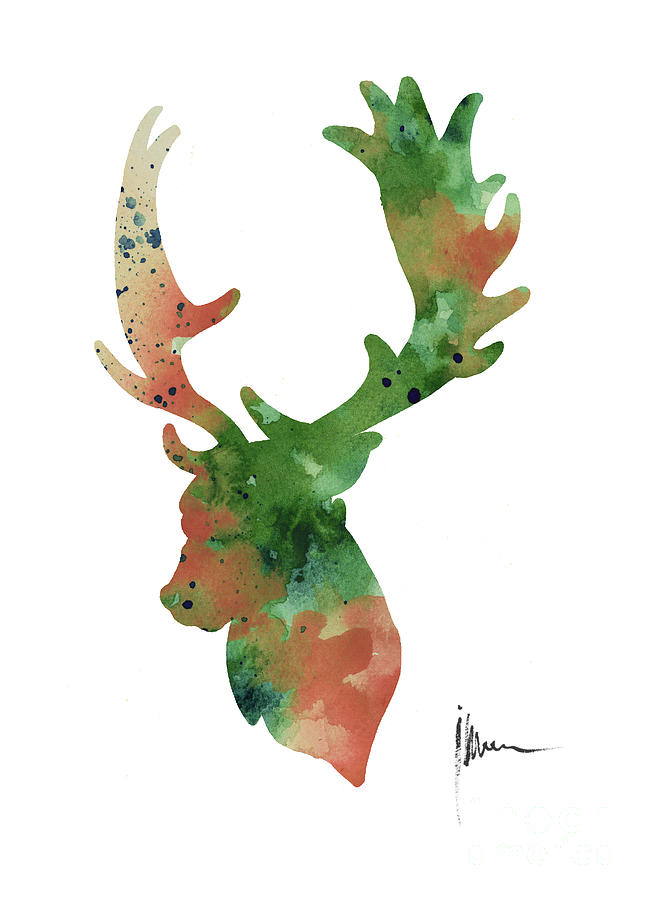 Deer Painting - Deer antlers silhouette watercolor art print painting by Joanna Szmerdt