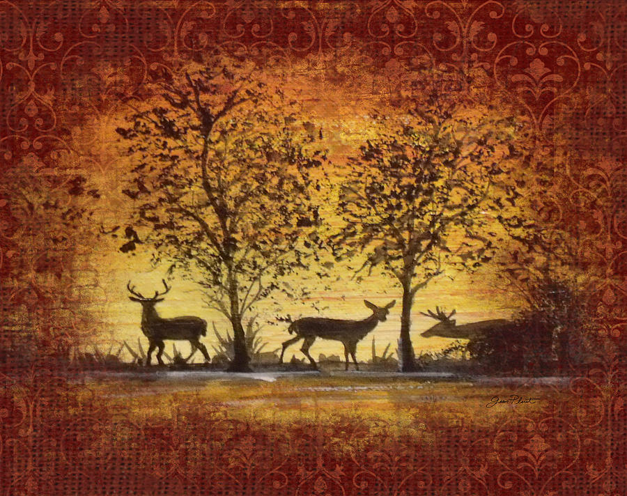 Deer at Sunset on Damask Painting by Jean Plout