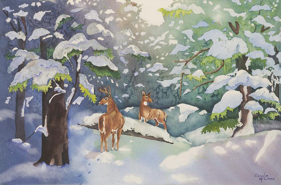 Deer Painting - Deer In Winter by Connie Mclaren