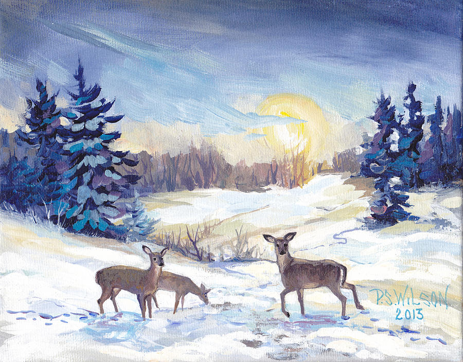 Deer In Winter Landscape  Painting by Peggy Wilson