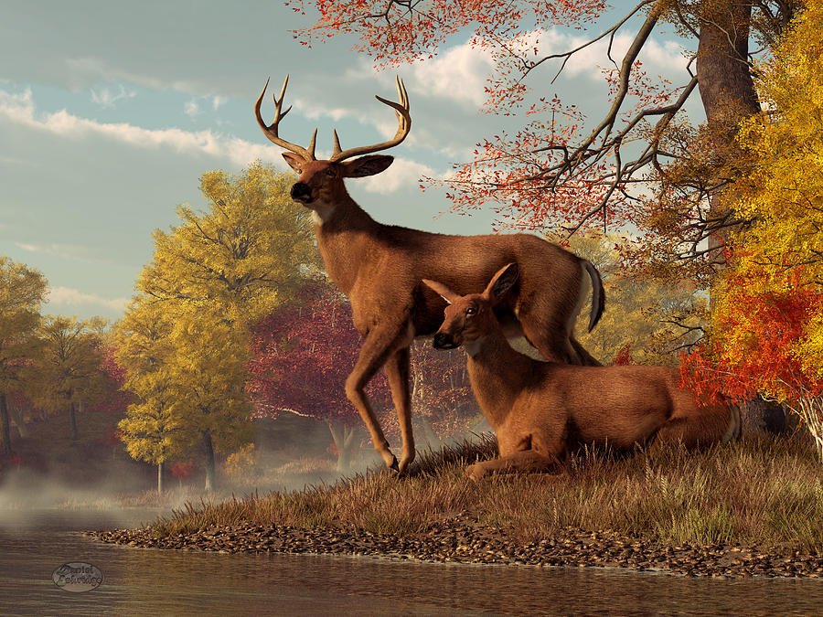 Deer on an Autumn Lakeshore  Digital Art by Daniel Eskridge