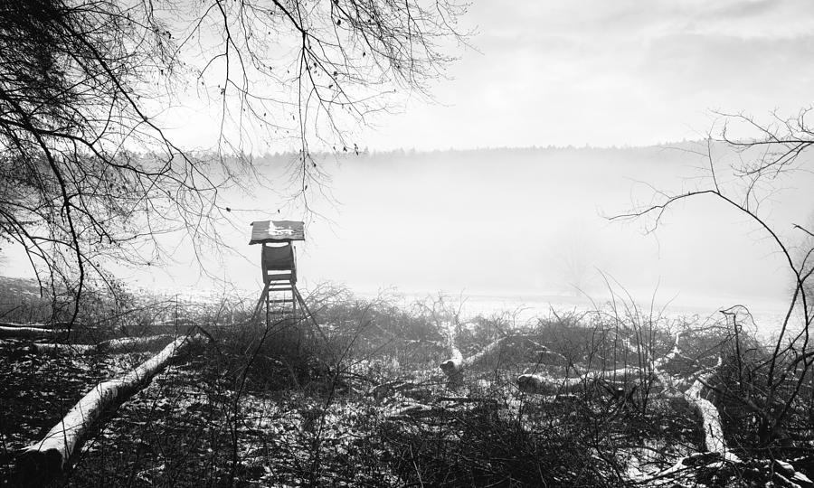 Deerstand in the fog - black and white landscape Photograph by Matthias Hauser