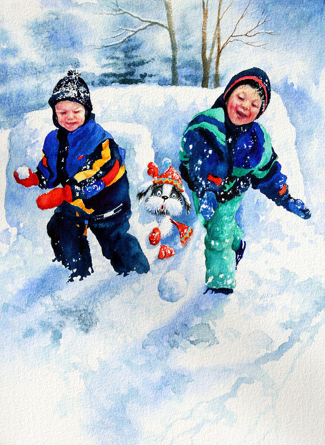 Children Playing In Snow Painting - Defend Our Front Yard by Hanne Lore Koehler