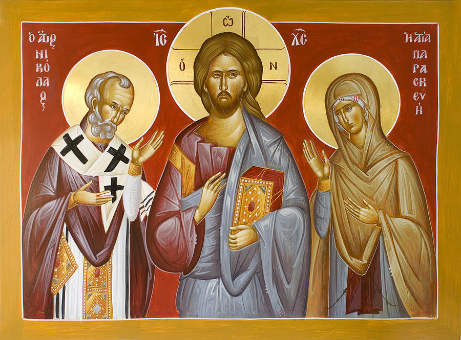 Jesus Christ Icon Painting - Deisis Jesus Christ St Nicholas and St Paraskevi by Julia Bridget Hayes