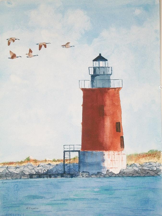 Geese Painting - Delaware Bay Breakwater Light by John Fossett