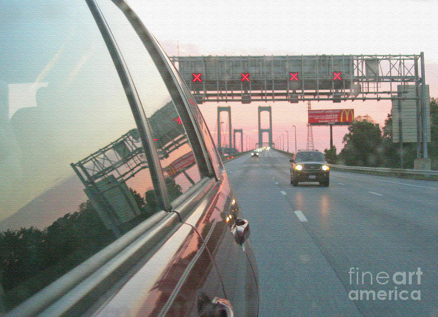 Sunset Photograph - Delaware Memorial Bridge At The Sunset. Texturized. Mirror Reflections Series. by Ausra Huntington nee Paulauskaite