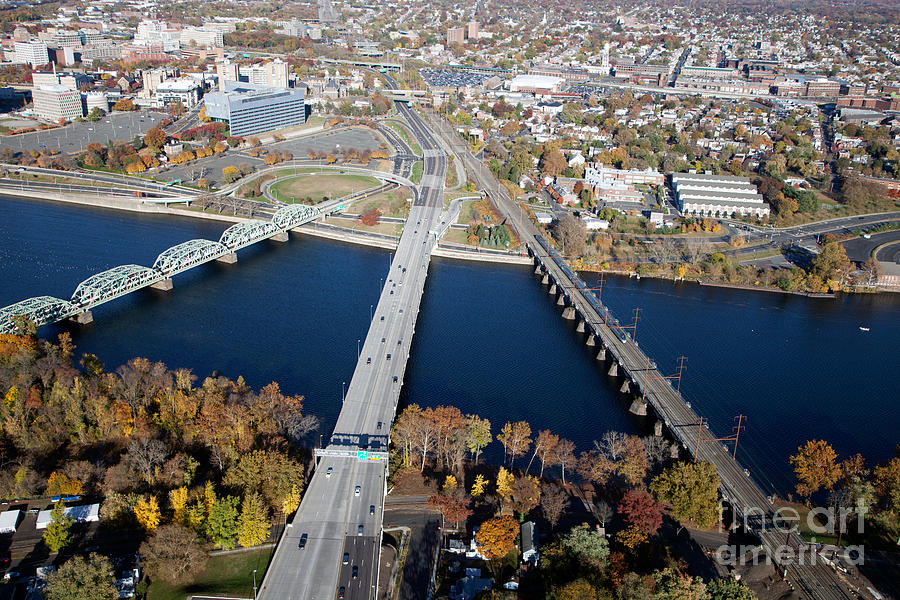 Aerial View of Trenton Postcard Delaware River Bridge New Jersey Roads etc 