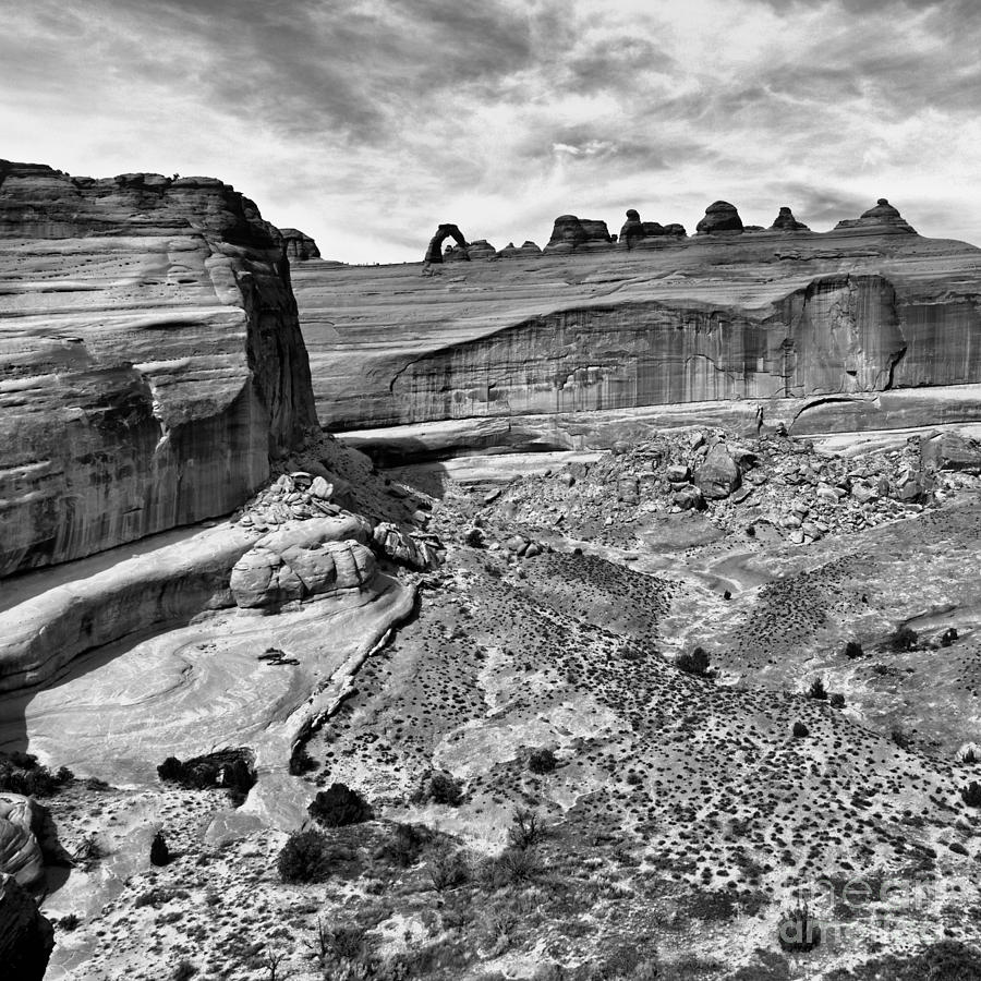 Black And White Photograph - Delicate Arch in the Distance in Monochrome - Arches National Park - Moab Utah by Silvio Ligutti