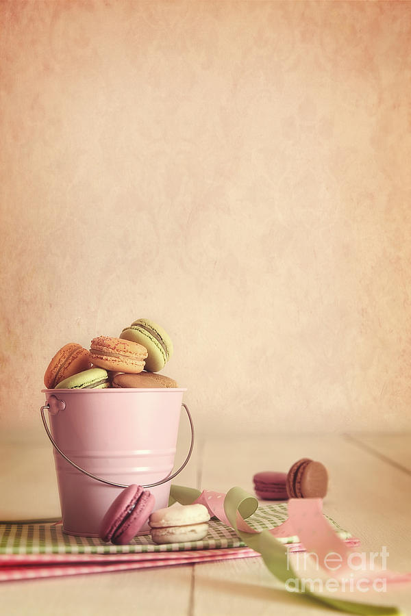 Cake Photograph - Delicious French Macaroons  in pail on table by Sandra Cunningham