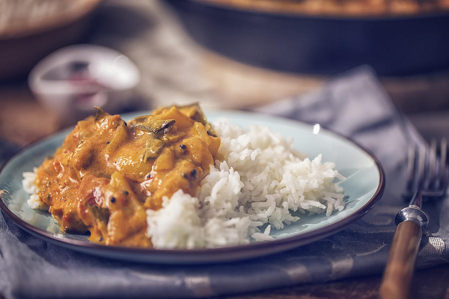 Delicous Homemade Chicken Curry Dish with Rice Photograph by GMVozd