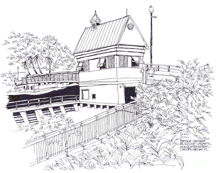 Delray Beach Bridge Tenders Building located above the Intracoastal Waterway. Florida. Drawing by Robert Birkenes