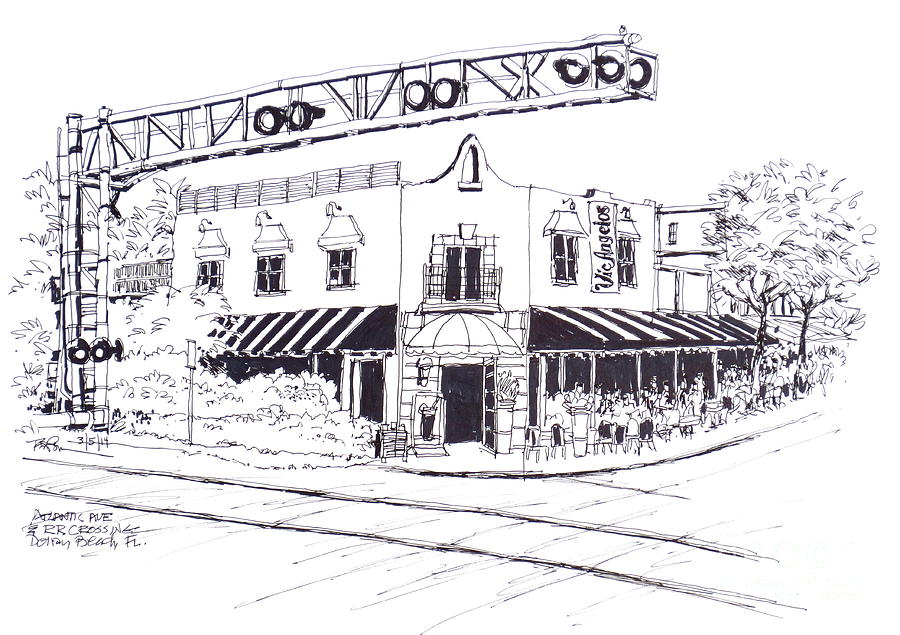 Delray Beach Restaurant. Vic Angelos on Atlantic Ave. at Railroad Crossing. Florida. Drawing by Robert Birkenes