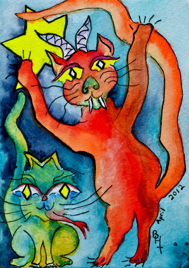Demon Cats Reach Painting by Beverley Harper Tinsley